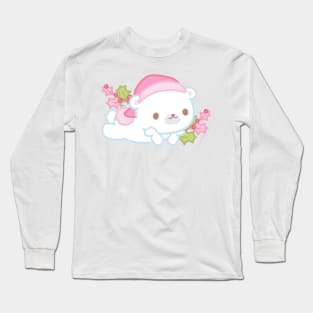 Cute Little White Polar Bear Wearing a Santa Hat Thinking About Christmas Long Sleeve T-Shirt